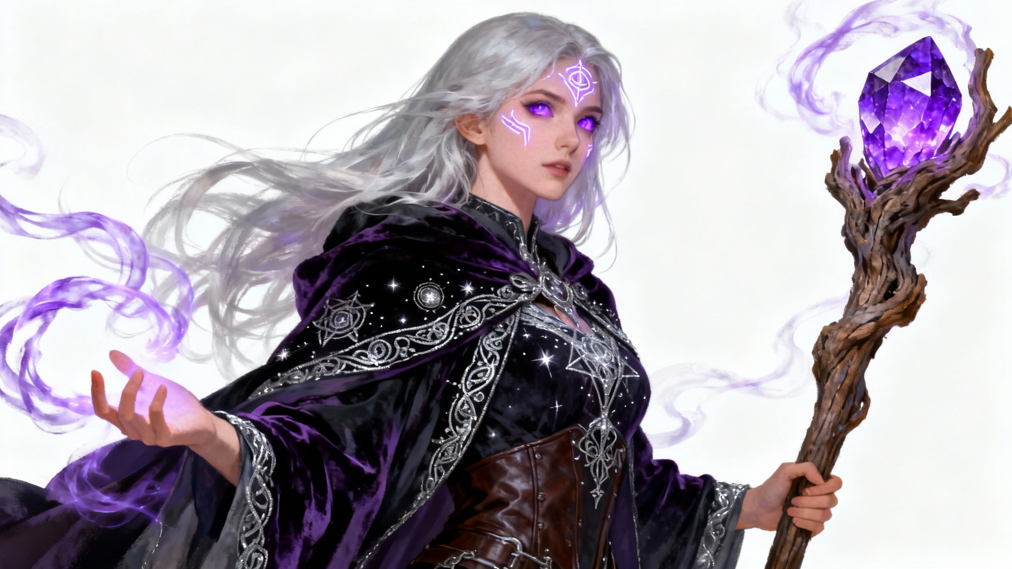 A digital painting of a female witch character for Dungeons & Dragons. She has silver hair and glowing purple eyes, holds a magical staff, and is set against a plain white background.