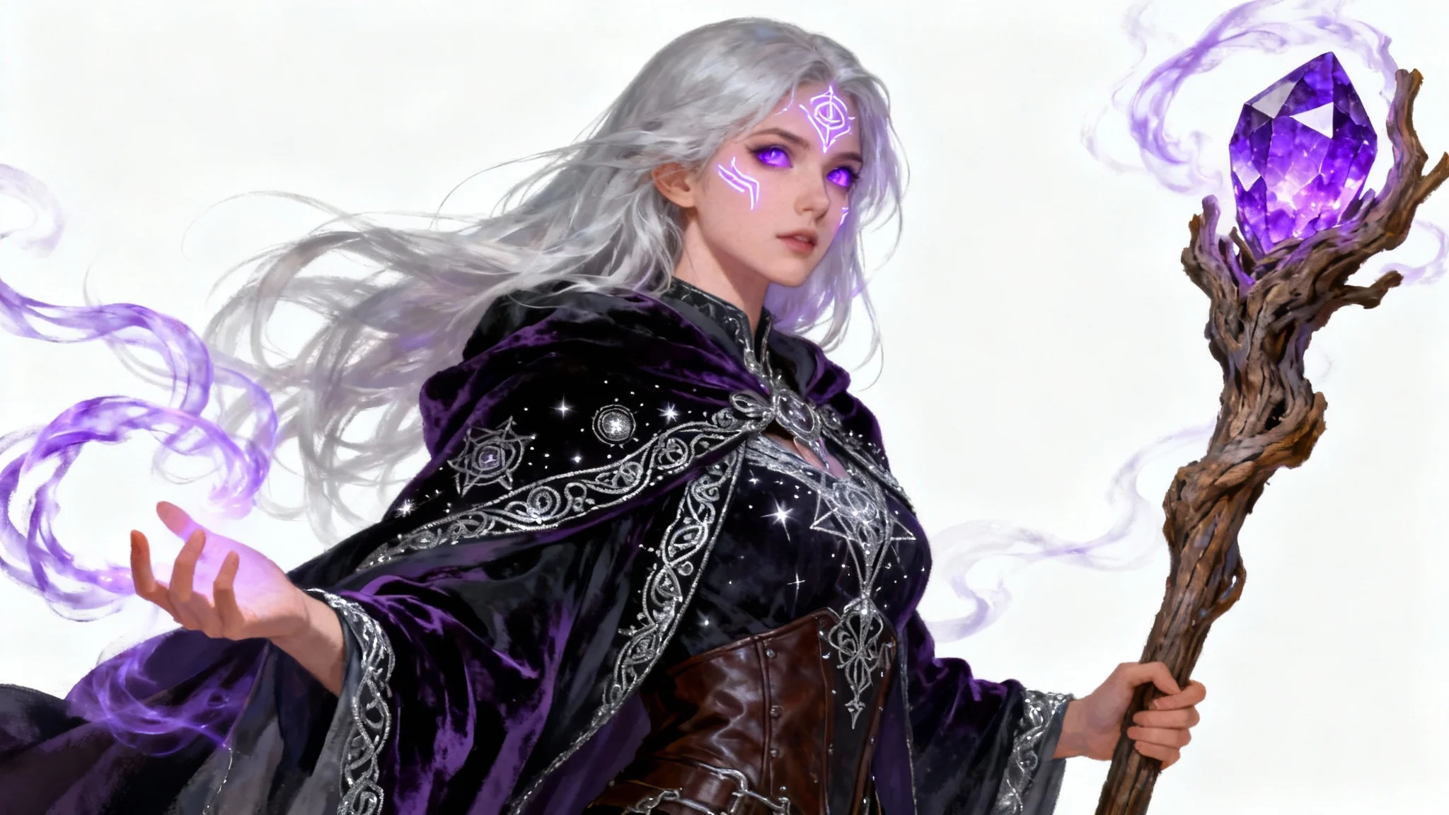 A digital painting of a female witch character for Dungeons & Dragons. She has silver hair and glowing purple eyes, holds a magical staff, and is set against a plain white background.