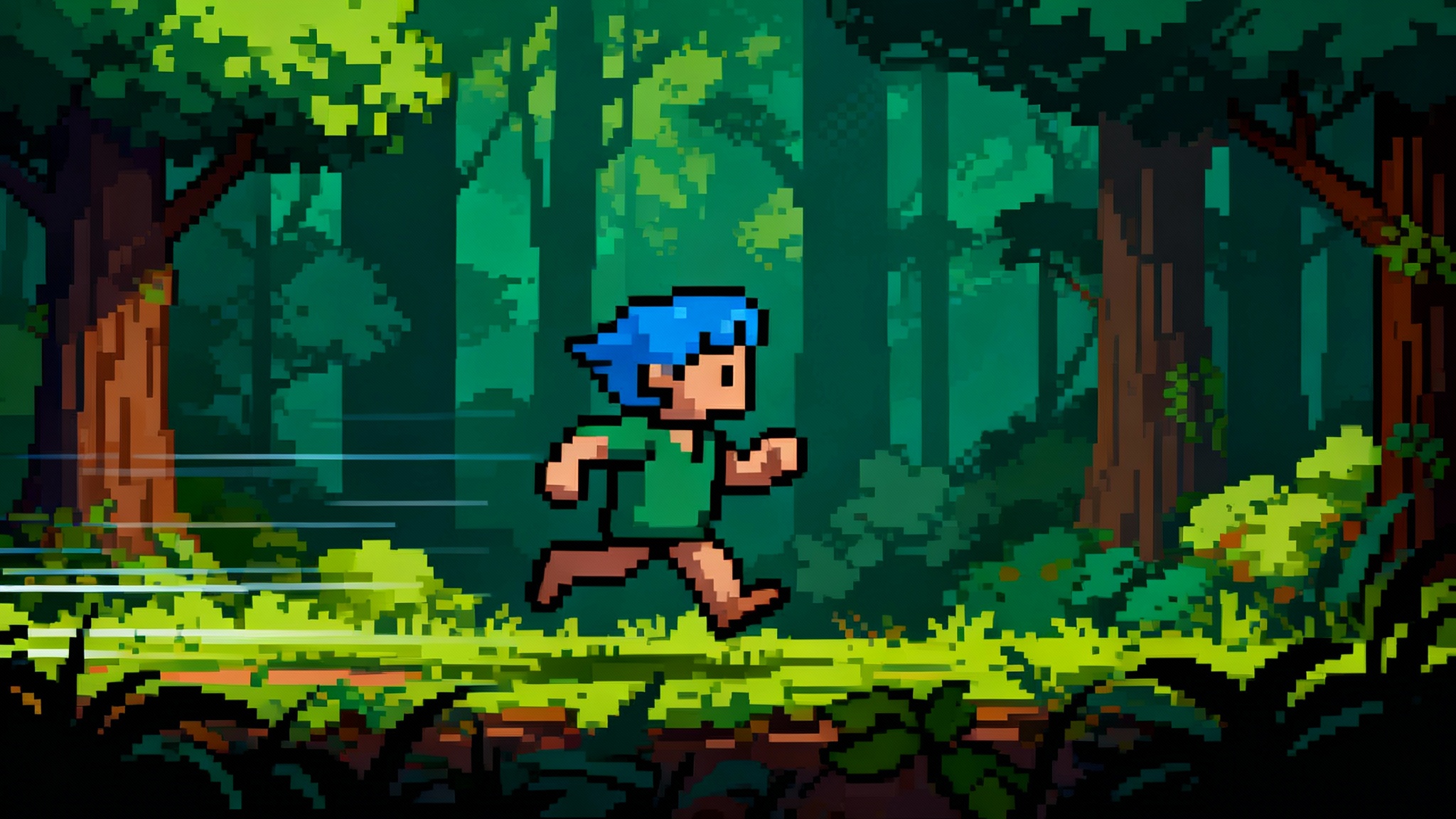 An eye-catching pixel art scene representing a finished animation. A character with blue hair and a green tunic runs through a detailed forest, with motion effects suggesting speed, in the style of a 16-bit video game.