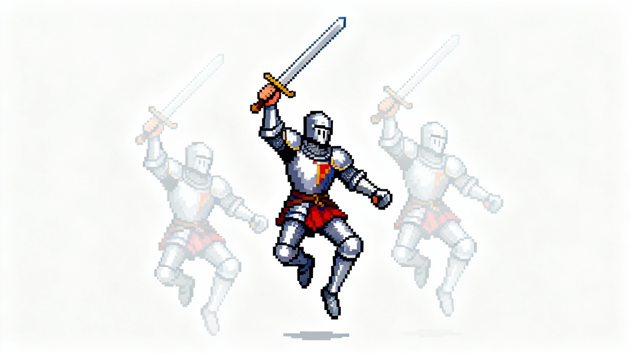 A pixel art animation concept showing a knight character mid-jump. Translucent 'onion skin' frames of the beginning and end of the jump are overlaid to demonstrate the animation sequence, all set against a white background.