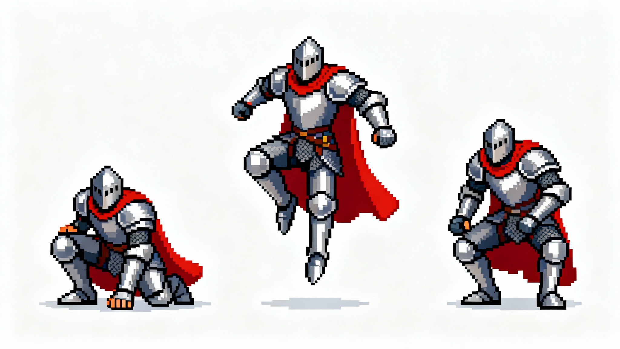 A sequence of three pixel art sprites on a white background, showing the keyframes of a knight character's jumping animation.