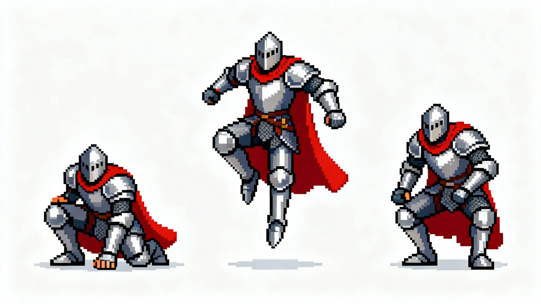 A sequence of three pixel art sprites on a white background, showing the keyframes of a knight character's jumping animation.
