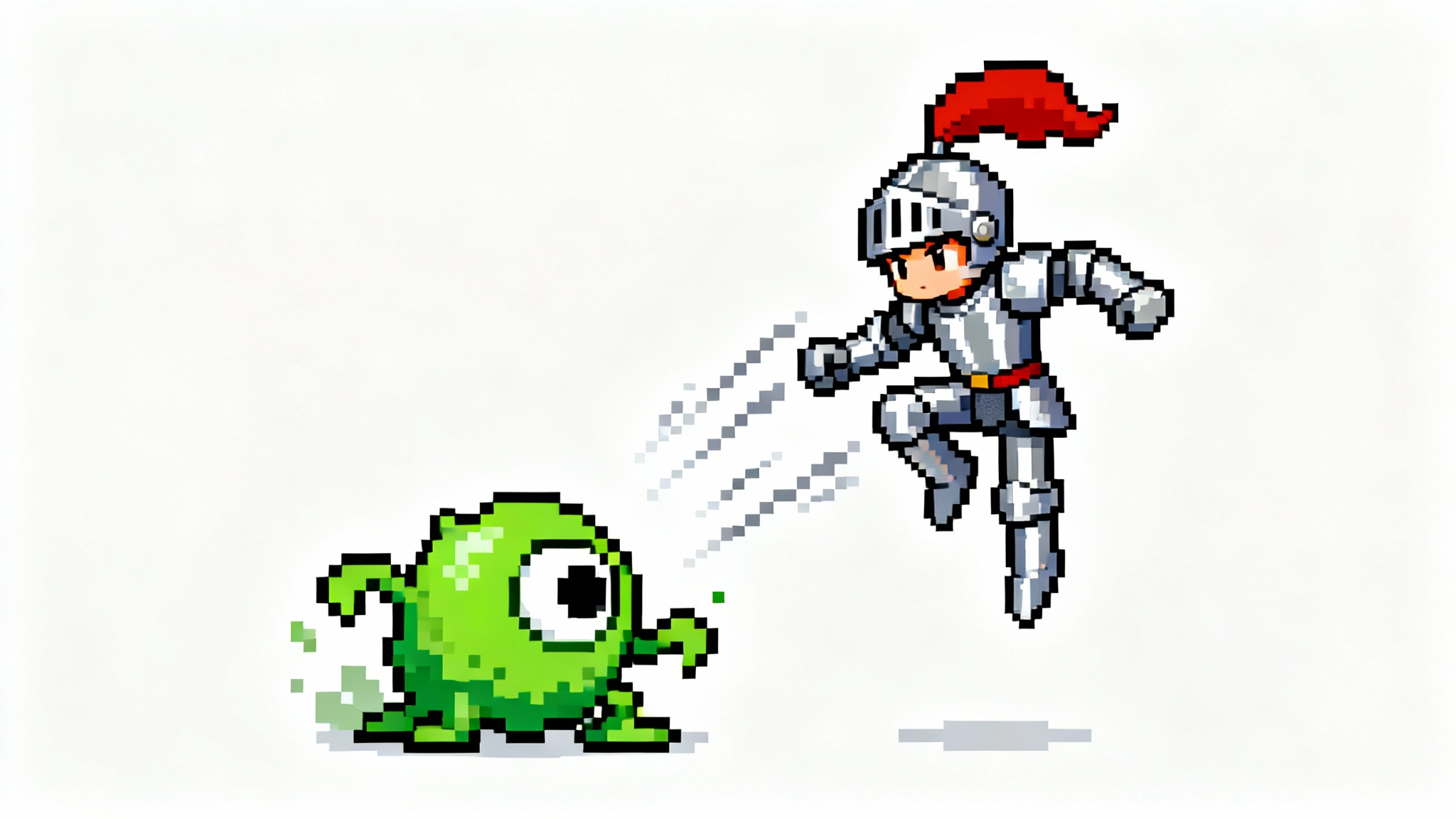 A 16-bit pixel art animation scene showing a knight in armor jumping to attack a green slime monster, set against a solid white background.