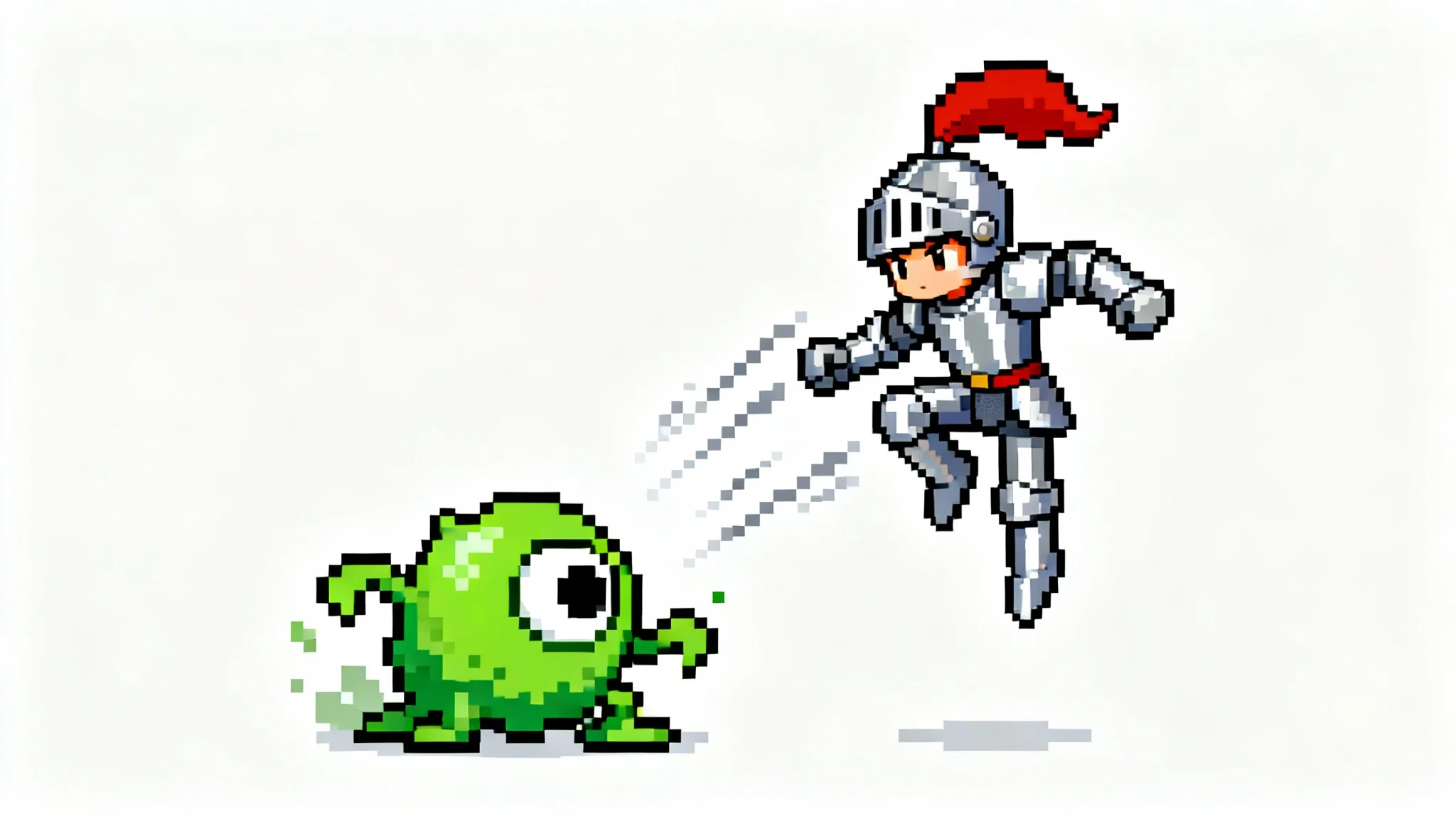 A 16-bit pixel art animation scene showing a knight in armor jumping to attack a green slime monster, set against a solid white background.