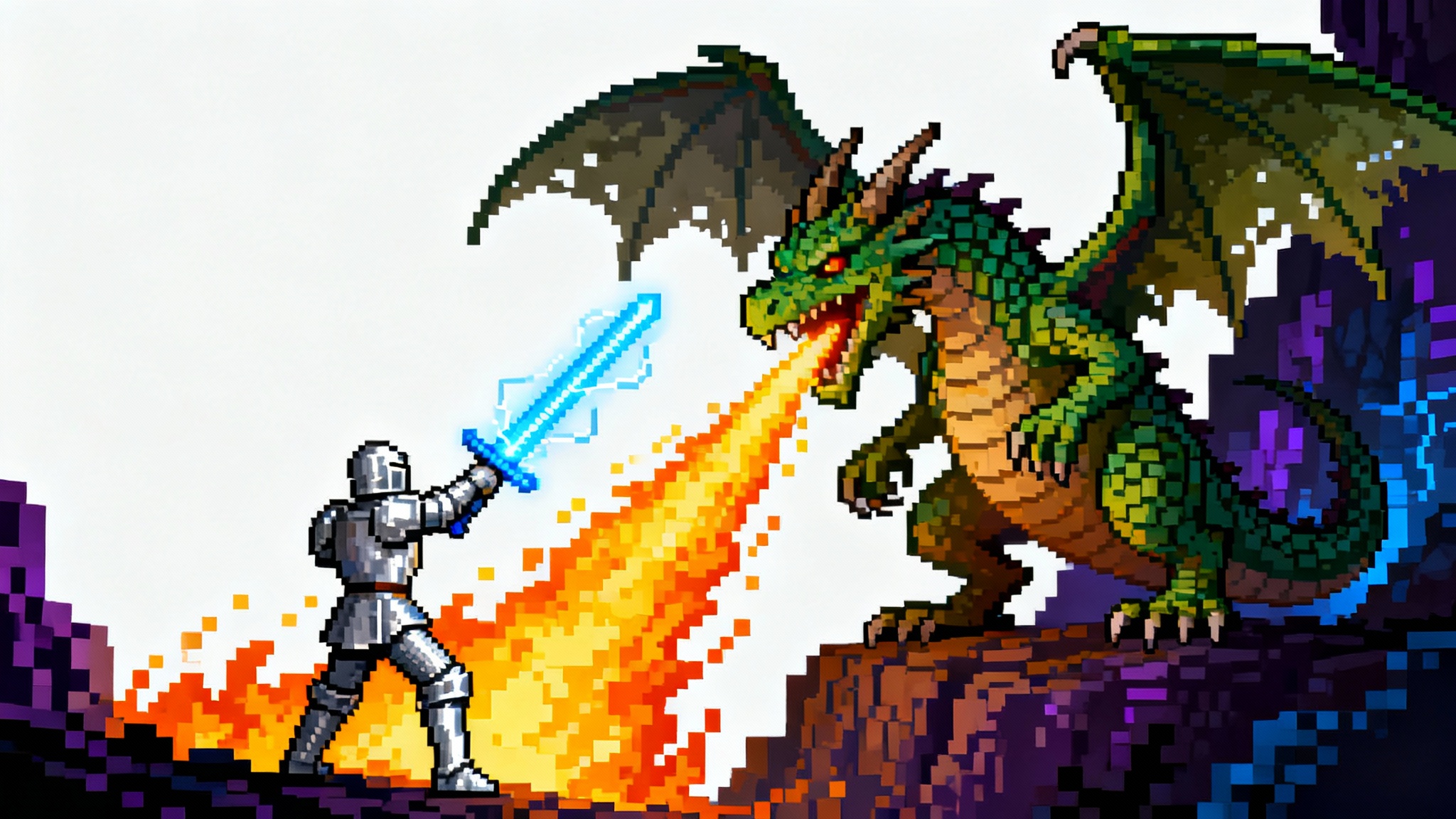 A detailed pixel art scene of a knight fighting a fire-breathing dragon, styled like a 16-bit video game and presented against a clean white background.