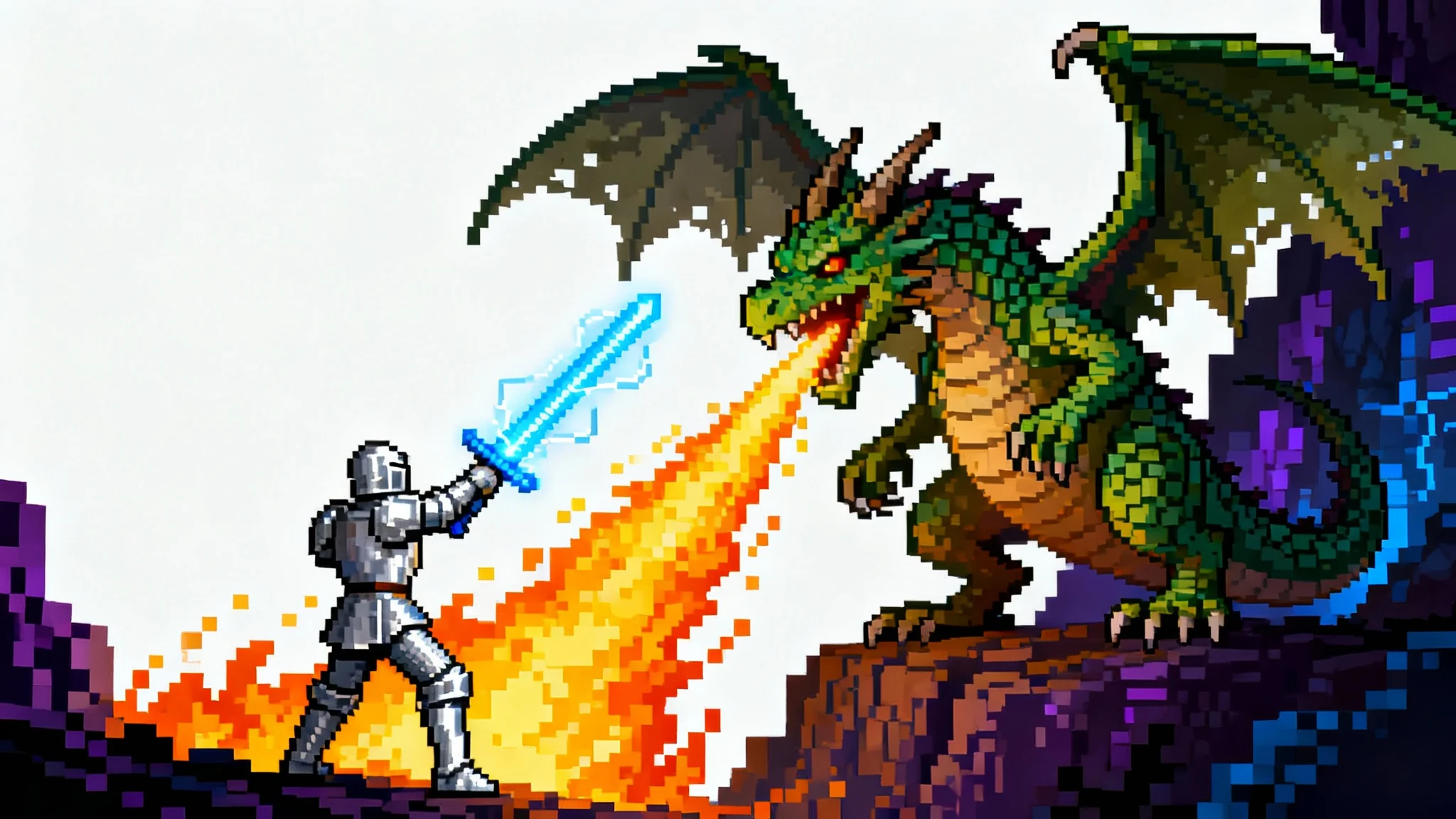 A detailed pixel art scene of a knight fighting a fire-breathing dragon, styled like a 16-bit video game and presented against a clean white background.