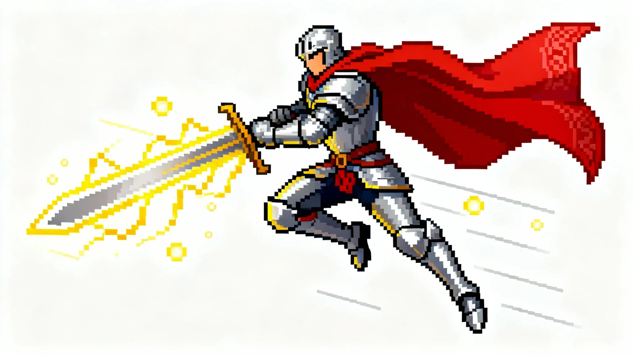 A dynamic pixel art animation of a knight in mid-air, brandishing a glowing sword against a white background.