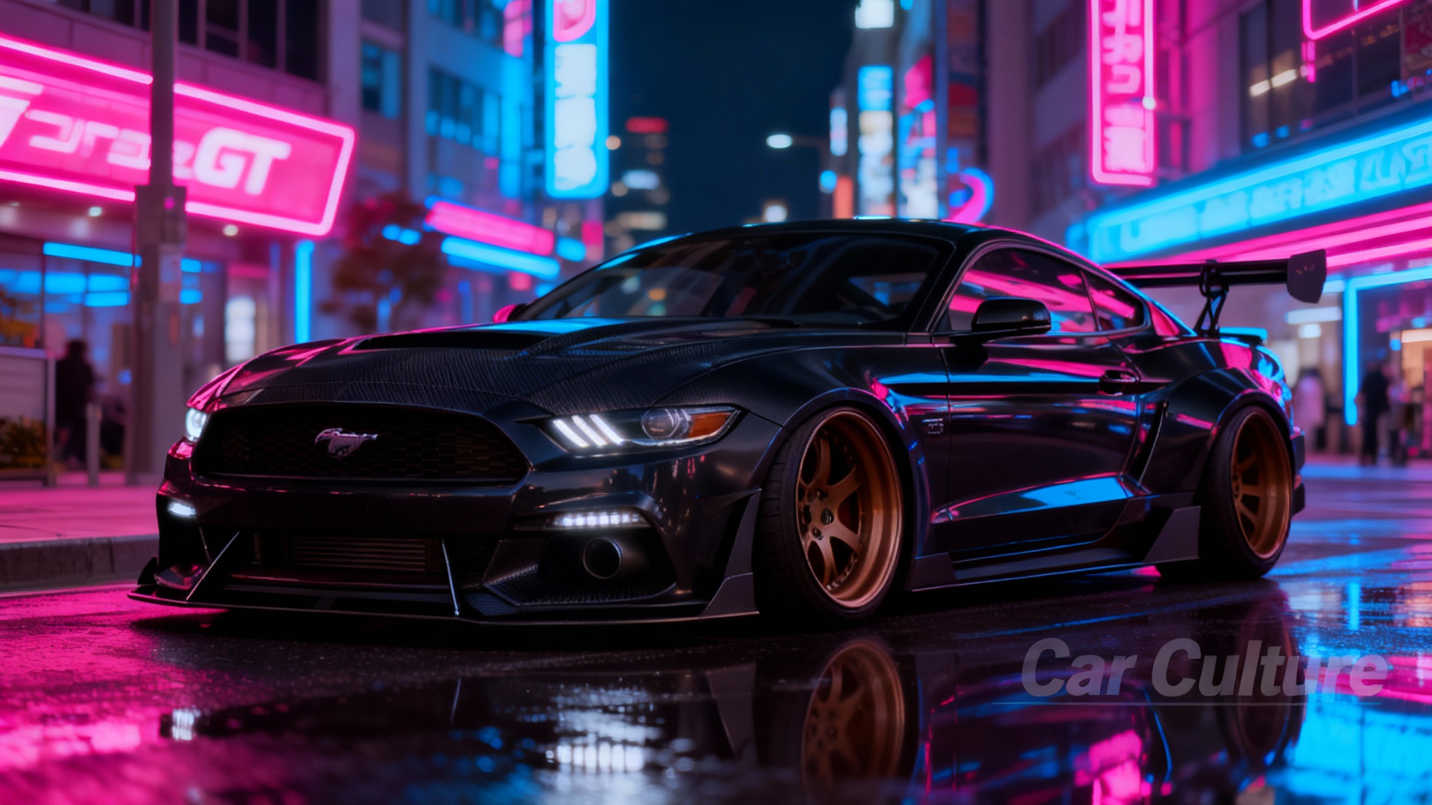 A heavily modified satin black Ford Mustang GT with a widebody kit, carbon fiber wing, and bronze wheels, parked on a wet street at night in a futuristic city with glowing neon signs.