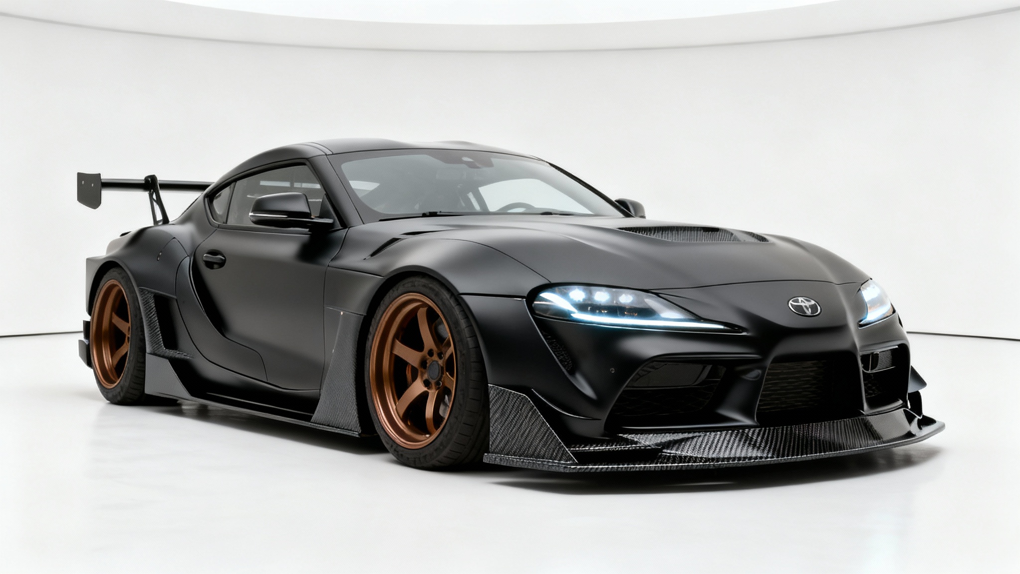 A heavily modified matte black sports car with a widebody kit and bronze wheels, showcased from a three-quarter angle against a clean white studio background.
