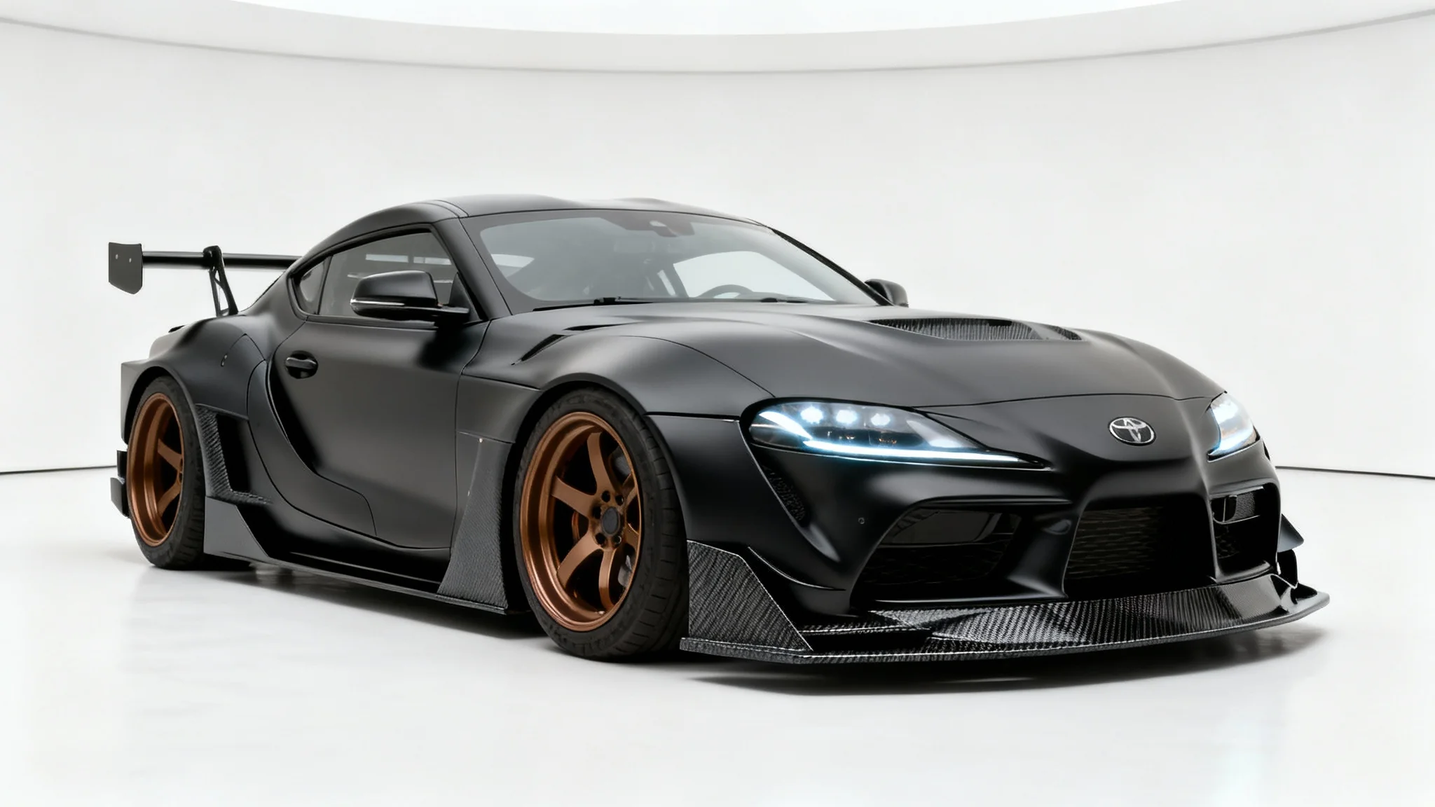 A heavily modified matte black sports car with a widebody kit and bronze wheels, showcased from a three-quarter angle against a clean white studio background.
