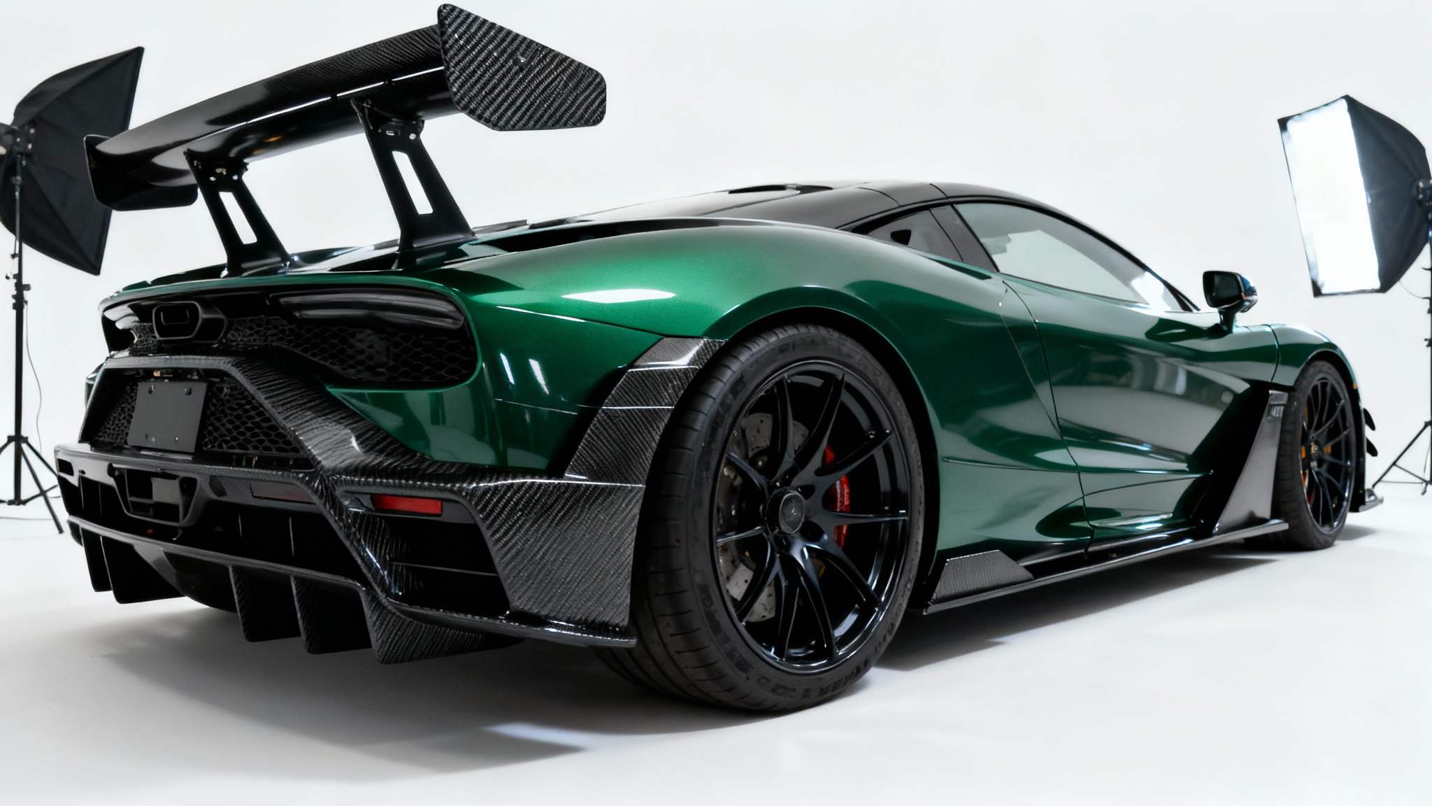 A custom-modified sports car in a deep emerald green, showcasing its widebody kit and custom wheels against a clean white background.