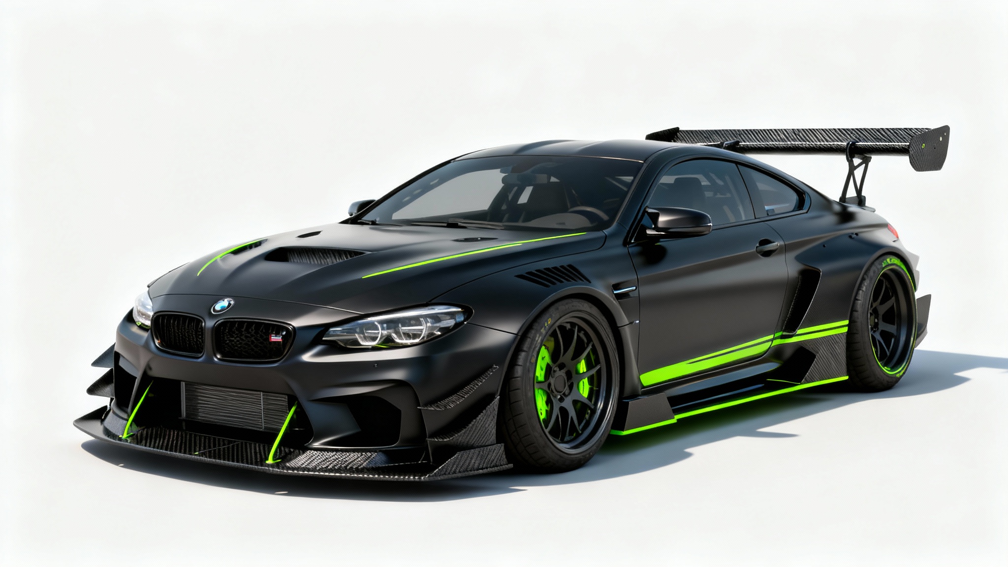 A heavily modified matte black sports car with bright neon green accents, featuring a wide-body kit and large spoiler, photographed in a professional studio with a white background.