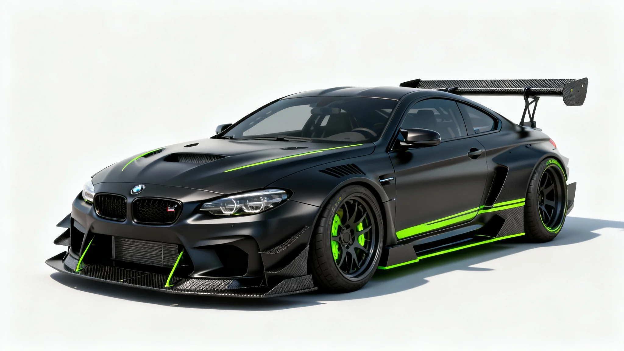 A heavily modified matte black sports car with bright neon green accents, featuring a wide-body kit and large spoiler, photographed in a professional studio with a white background.