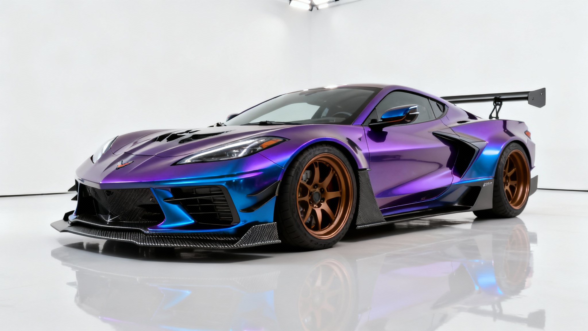 A sleek, modern sports car, heavily modified with a widebody kit and a large spoiler, is parked in a clean white studio, showcasing its custom purple and blue paint job and bronze wheels.