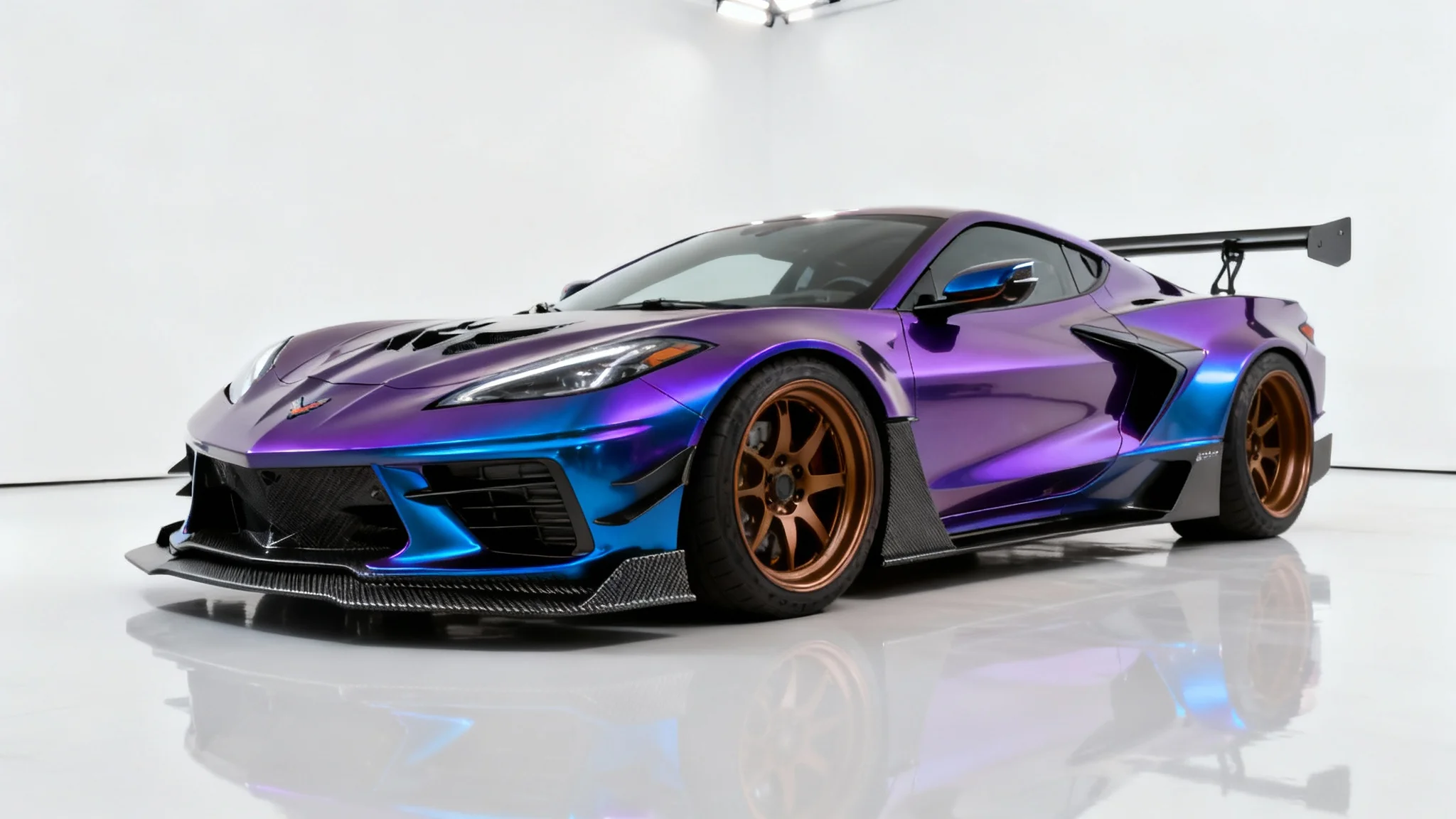 A sleek, modern sports car, heavily modified with a widebody kit and a large spoiler, is parked in a clean white studio, showcasing its custom purple and blue paint job and bronze wheels.