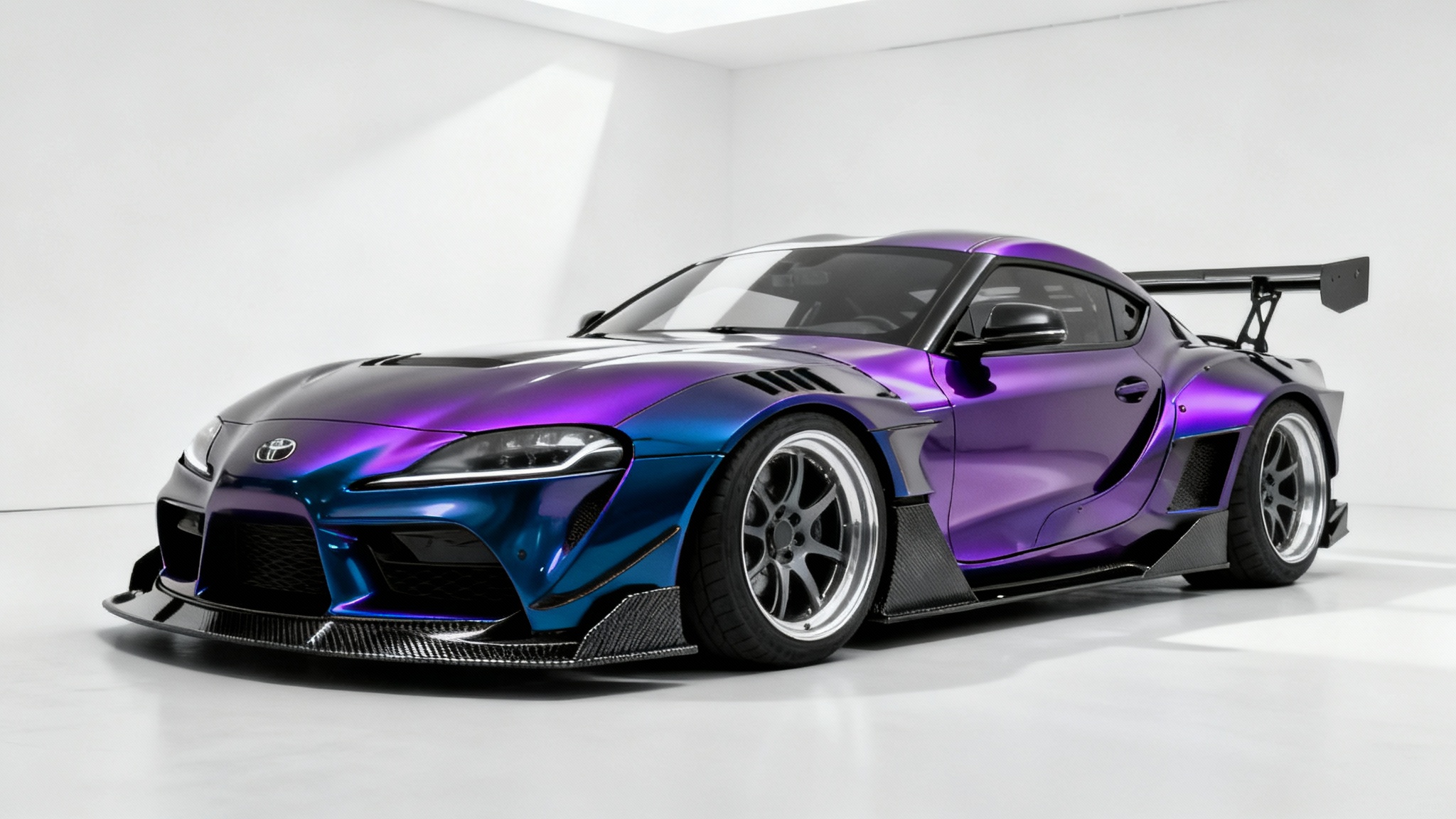 A custom-modified sports car with a widebody kit and large rear wing, featuring a satin blue-to-purple color-shifting paint, shown from the front three-quarters view against a clean white background.
