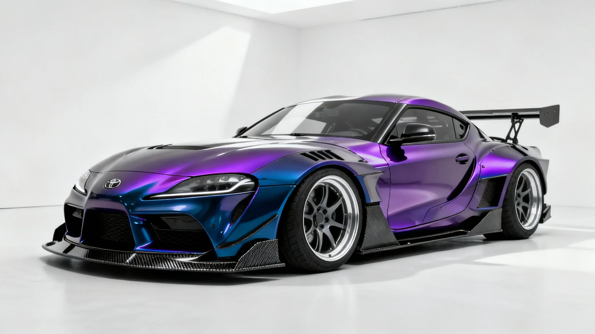 A custom-modified sports car with a widebody kit and large rear wing, featuring a satin blue-to-purple color-shifting paint, shown from the front three-quarters view against a clean white background.