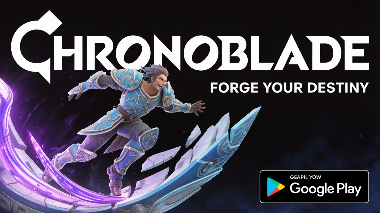 A promotional Google Play feature graphic for a fictional game called 'Chronoblade', showing a fantasy hero in action with the tagline 'Forge Your Destiny'.