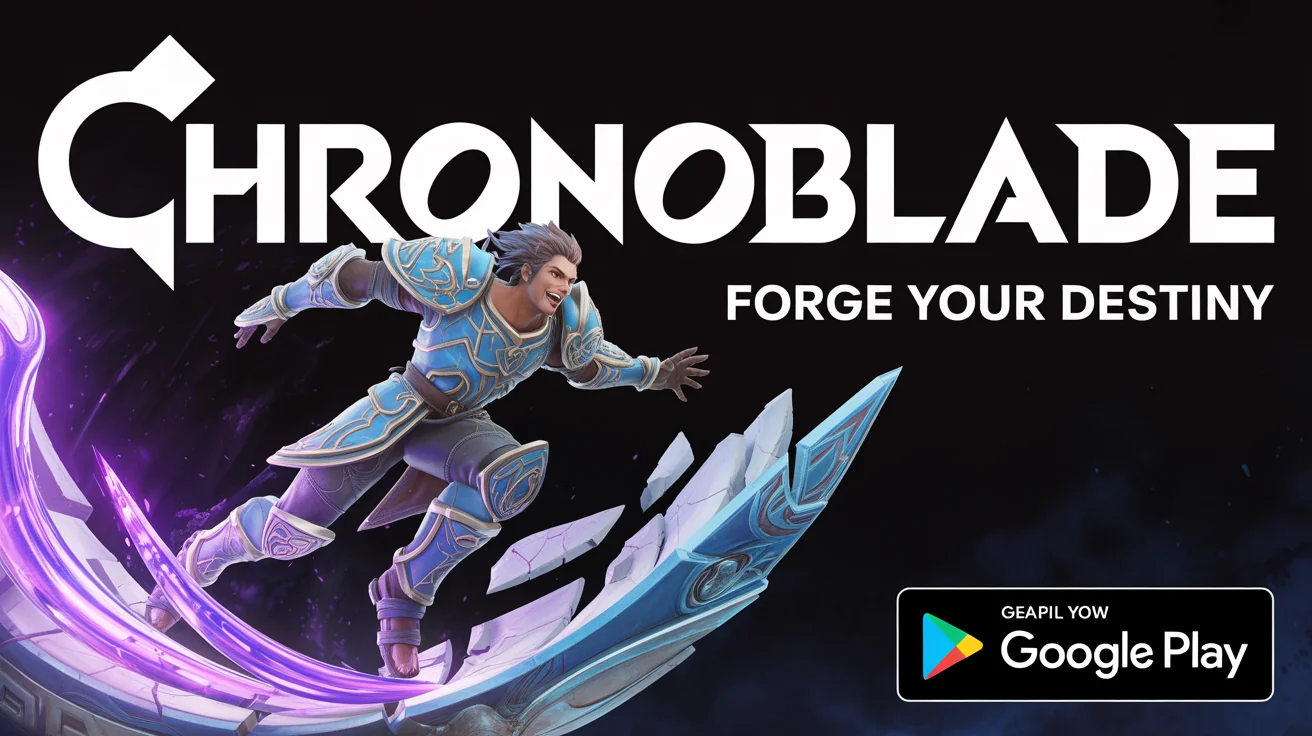 A promotional Google Play feature graphic for a fictional game called 'Chronoblade', showing a fantasy hero in action with the tagline 'Forge Your Destiny'.