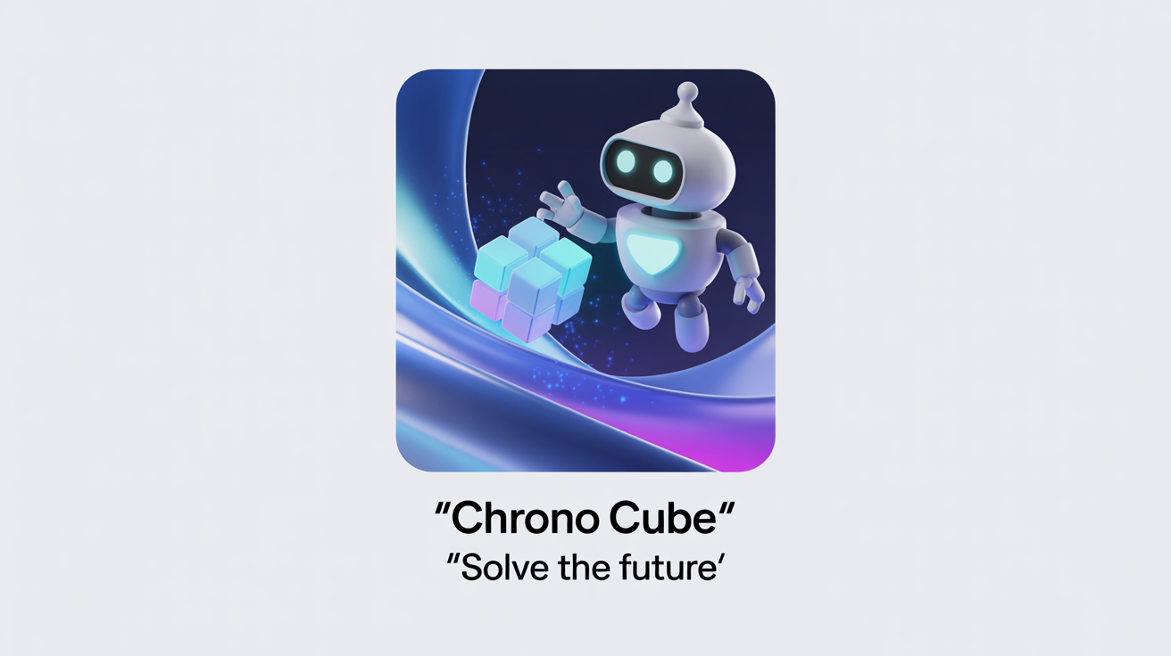 A Google Play feature graphic mockup for a mobile game called 'Chrono Cube'. The image shows a small, cute robot solving a glowing holographic puzzle in a futuristic setting, with the tagline 'Solve the Future' underneath the title.