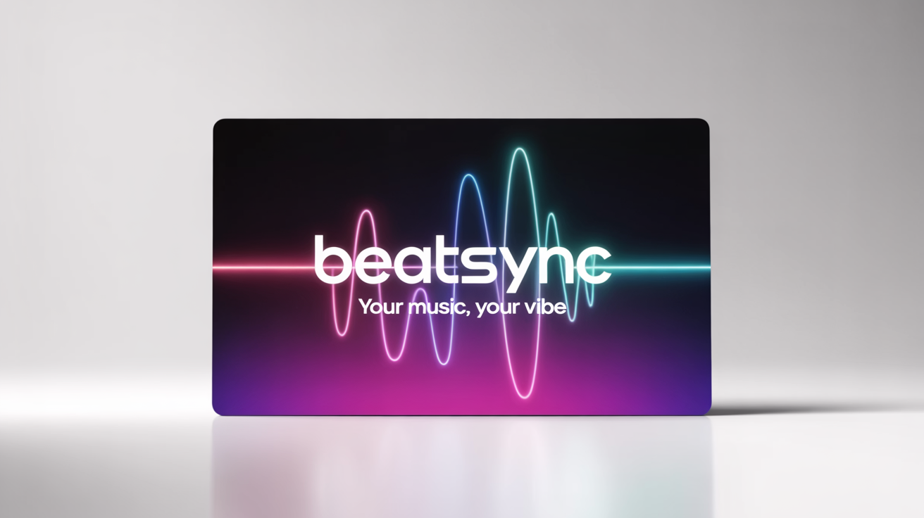 A professional mockup of a Google Play feature graphic for a fictional music app named 'BeatSync', featuring a purple and magenta gradient with neon soundwave graphics, set against a white background.