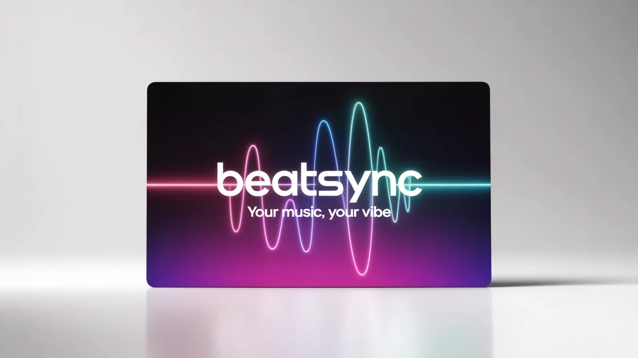 A professional mockup of a Google Play feature graphic for a fictional music app named 'BeatSync', featuring a purple and magenta gradient with neon soundwave graphics, set against a white background.