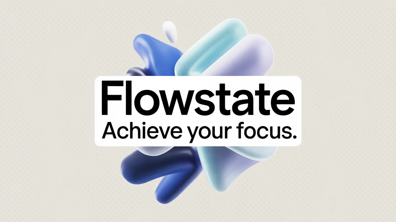 A Google Play feature graphic mockup for a productivity app. It features the text 'FlowState' and 'Achieve Your Focus' against an off-white background, surrounded by abstract blue and lavender geometric shapes.