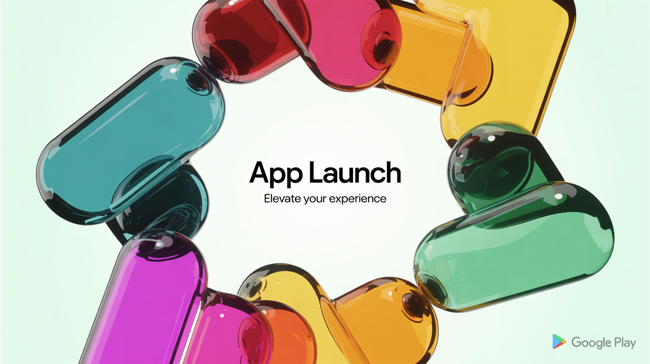 A minimalist Google Play feature graphic showing colorful 3D shapes on a white background, with the text 'App Launch' and 'Elevate Your Experience' in the center.