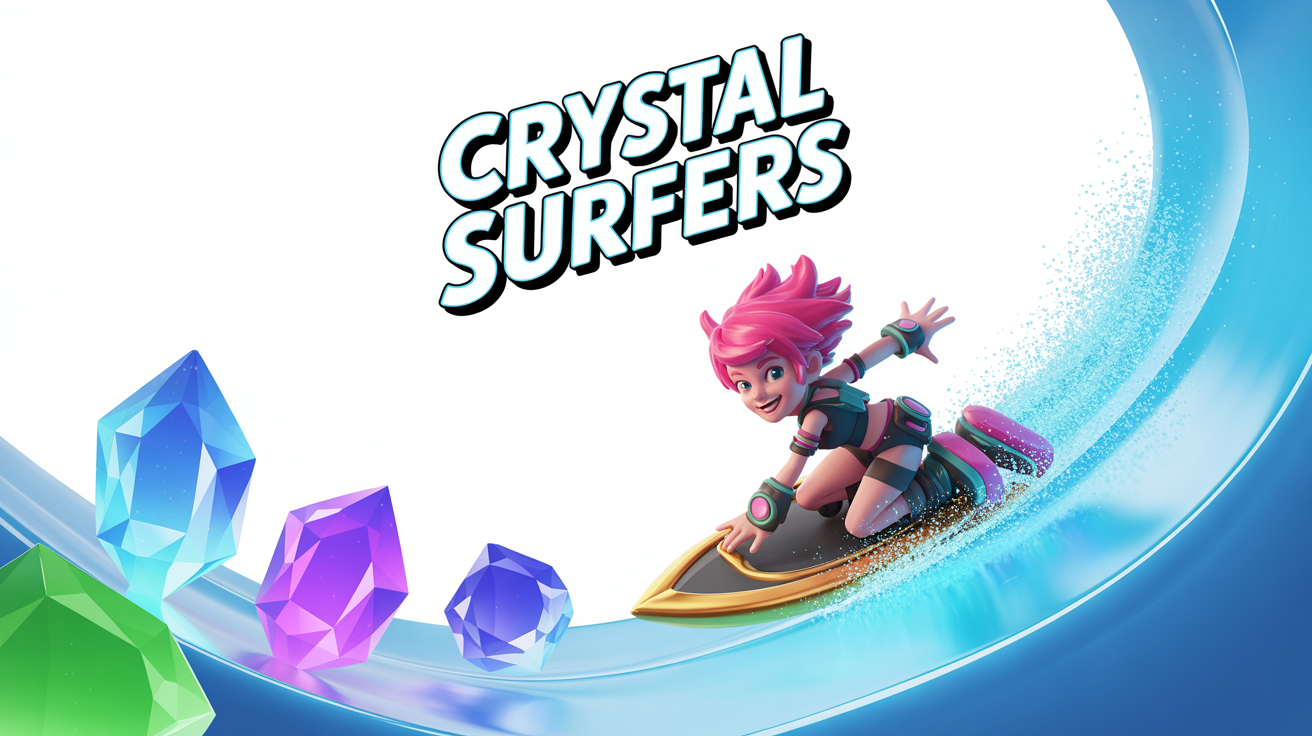 A Google Play feature graphic for a fictional game called 'Crystal Surfers,' showing a stylized 3D female character with pink hair surfing on a crystal wave, set against a clean white background.