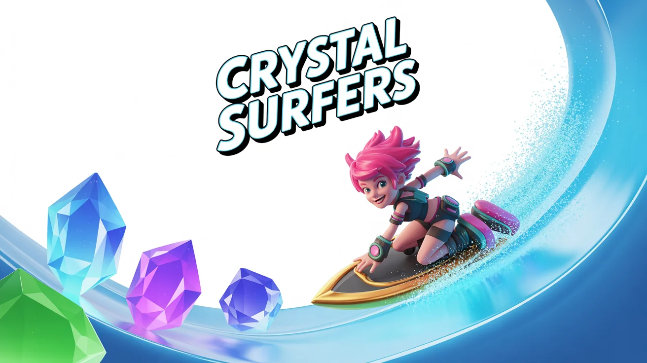 A Google Play feature graphic for a fictional game called 'Crystal Surfers,' showing a stylized 3D female character with pink hair surfing on a crystal wave, set against a clean white background.