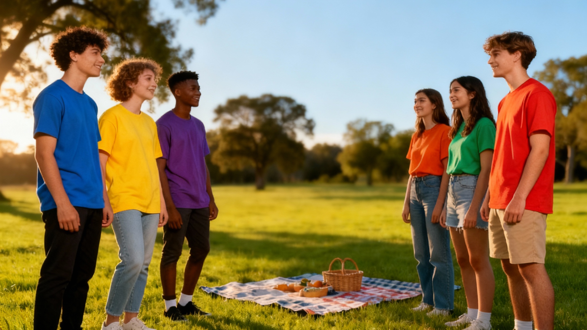 A professionally shot group photo of six diverse friends in a park, composed using the rule of thirds with the group on the right, set against a backdrop of green trees during golden hour.
