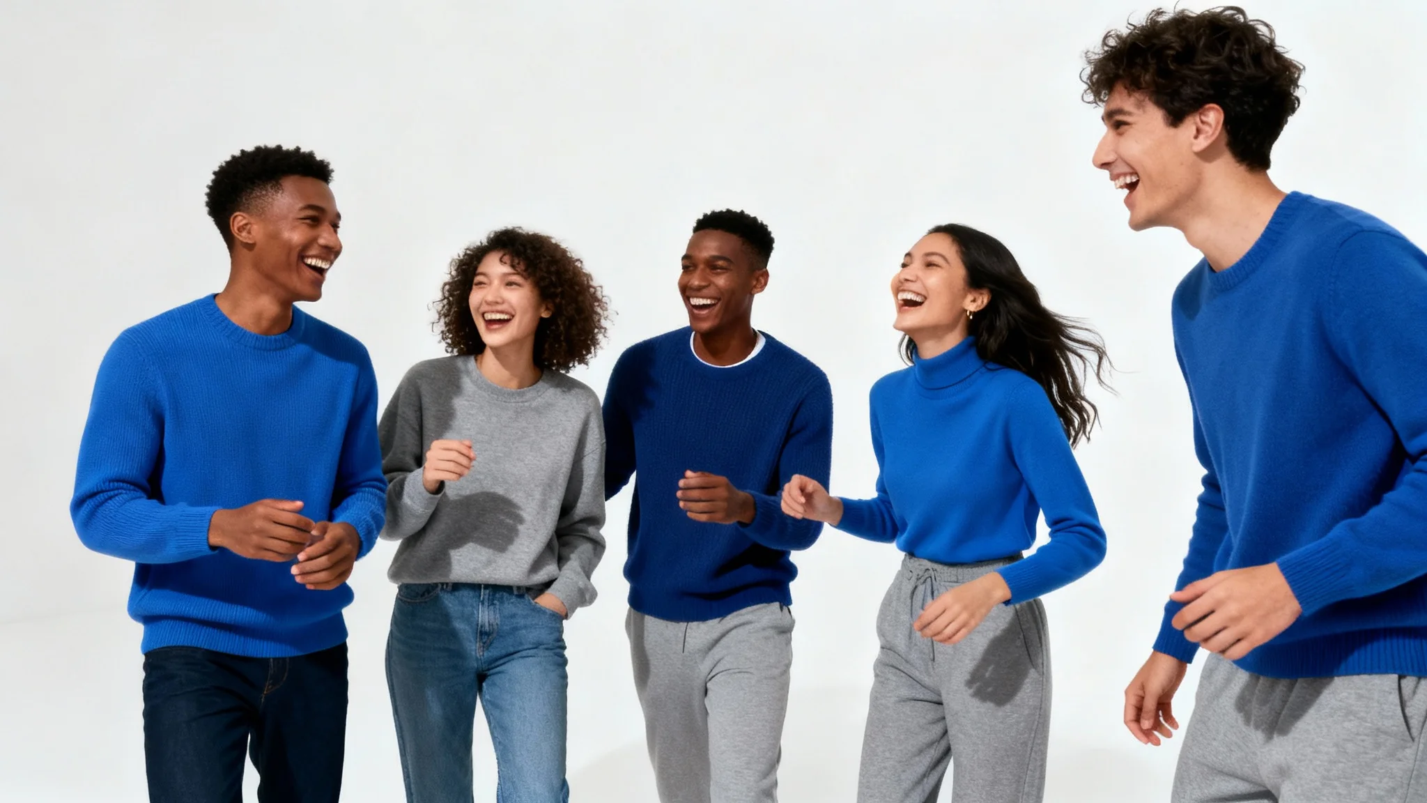 A professional studio group photo of five diverse friends laughing, composed using the rule of thirds with the group positioned on the right side of the frame against a clean white background.