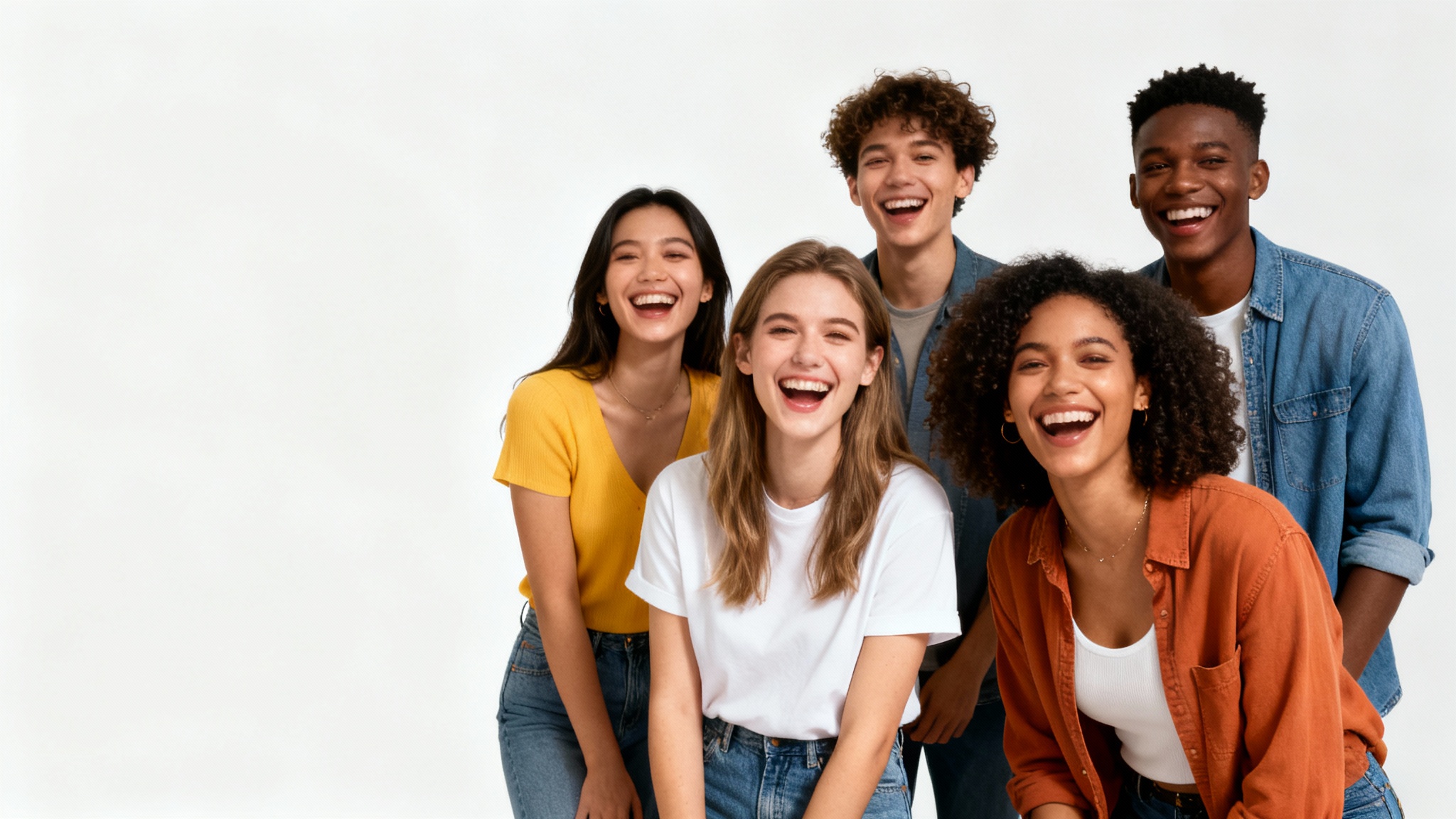 A professionally shot group photo of five diverse friends laughing, composed using the rule of thirds against a plain white background.