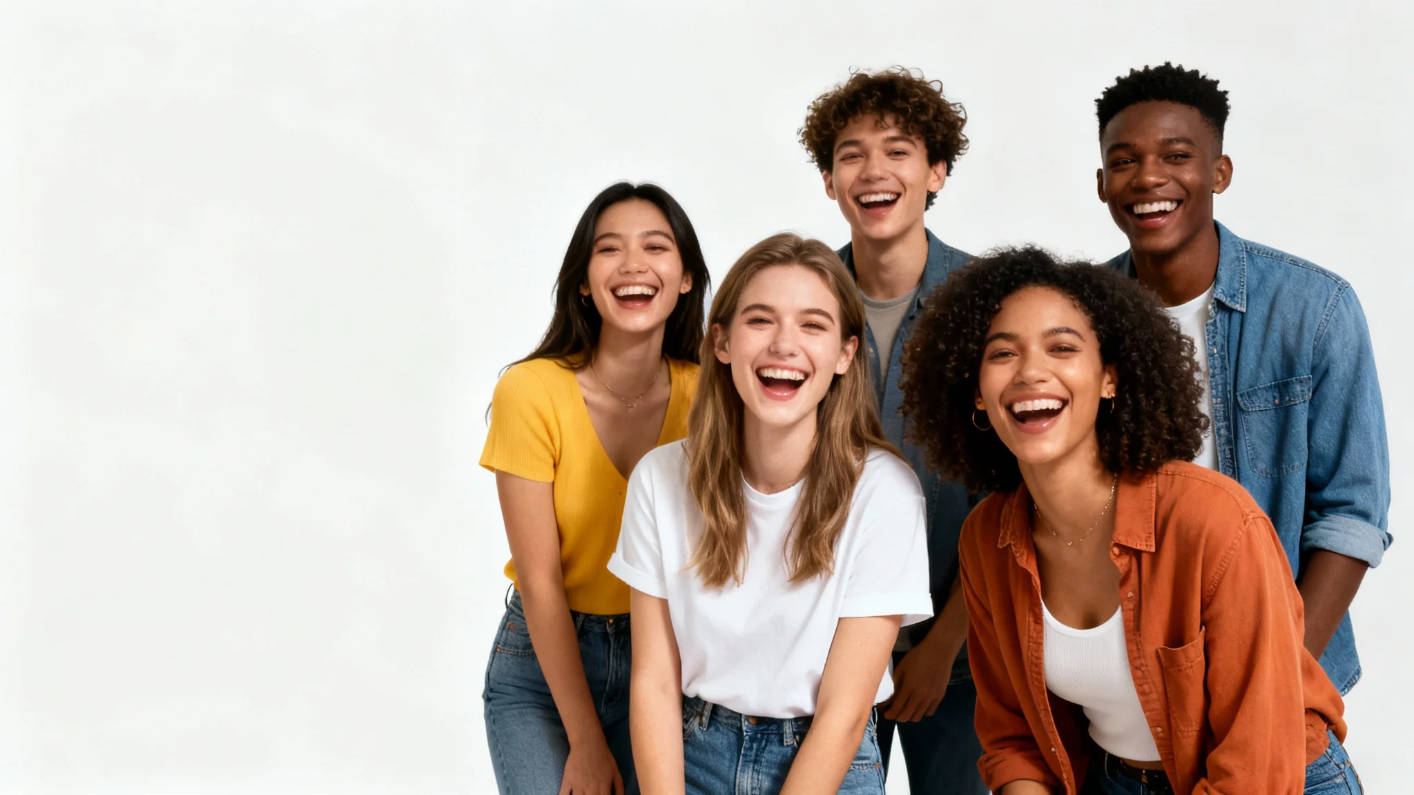 A professionally shot group photo of five diverse friends laughing, composed using the rule of thirds against a plain white background.