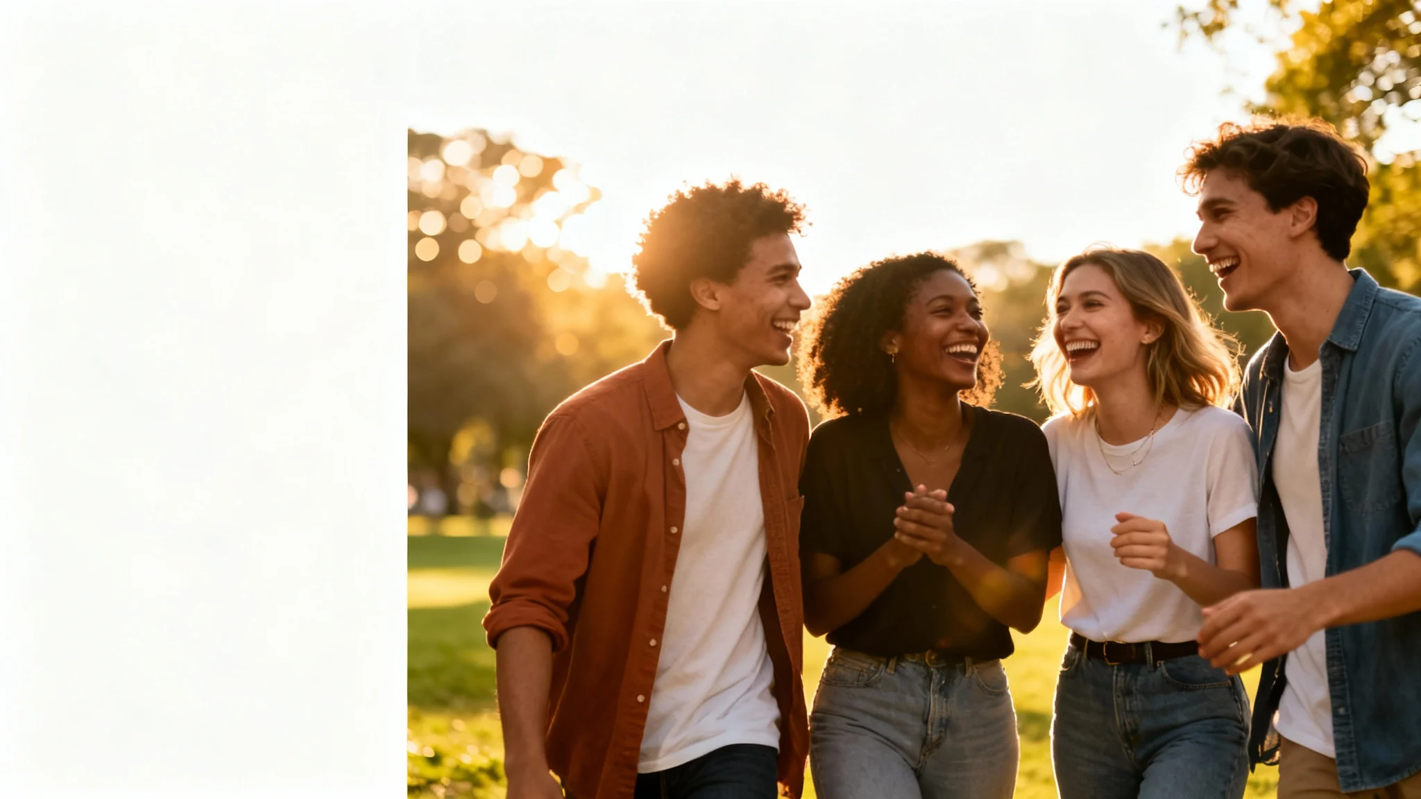 A photorealistic group photo of diverse friends in a park, demonstrating the rule of thirds composition with the subjects placed on the right side of the frame.