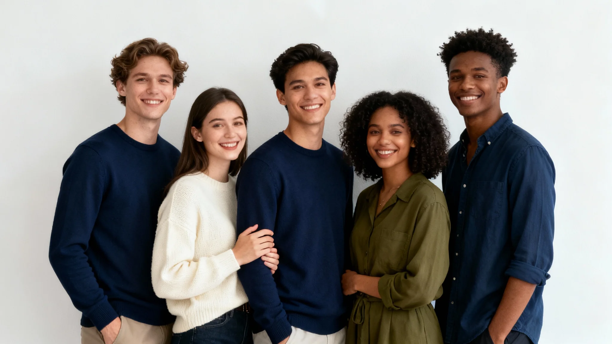 A well-composed group photo of five diverse friends smiling against a plain white background, demonstrating the rule of thirds for visually appealing composition.