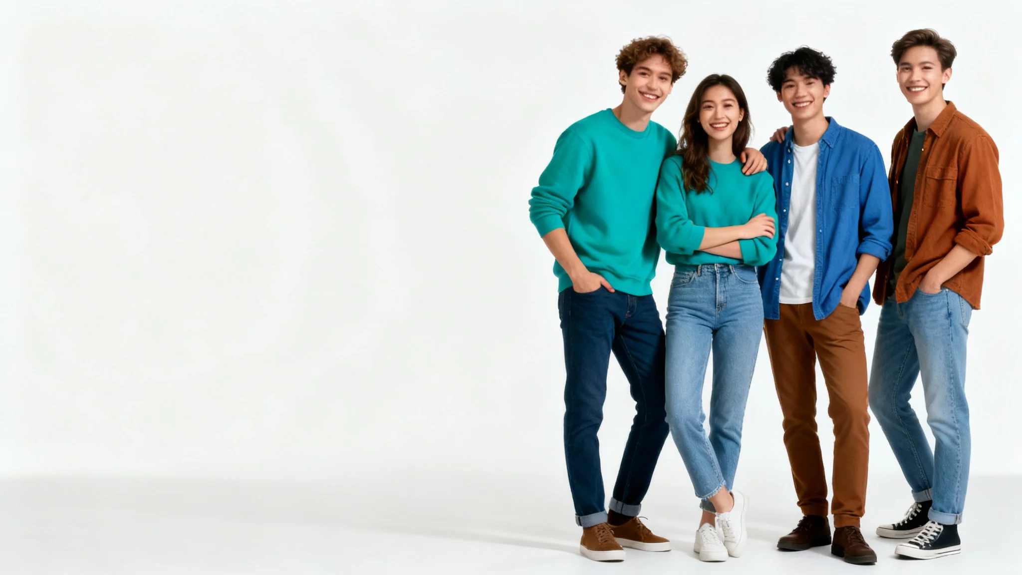 A professional studio photograph of five diverse friends posing on the right side of the frame, demonstrating the rule of thirds composition against a plain white background.