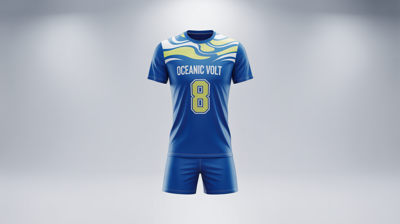 A professional mockup of a royal blue and electric yellow volleyball uniform with the team name 'OCEANIC VOLT' and the number '8' on the jersey, displayed against a clean white background.
