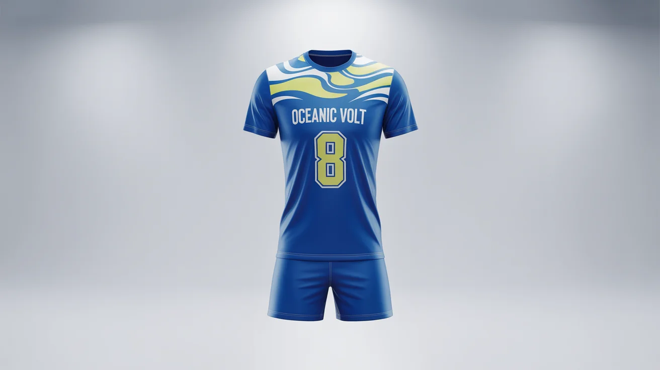 A professional mockup of a royal blue and electric yellow volleyball uniform with the team name 'OCEANIC VOLT' and the number '8' on the jersey, displayed against a clean white background.