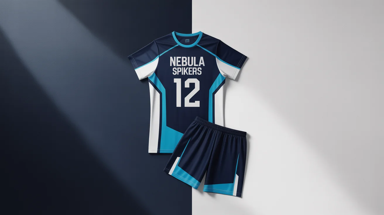 A flat-lay view of a modern navy blue and cyan volleyball uniform with the team name 'Nebula Spikers' on a white background.