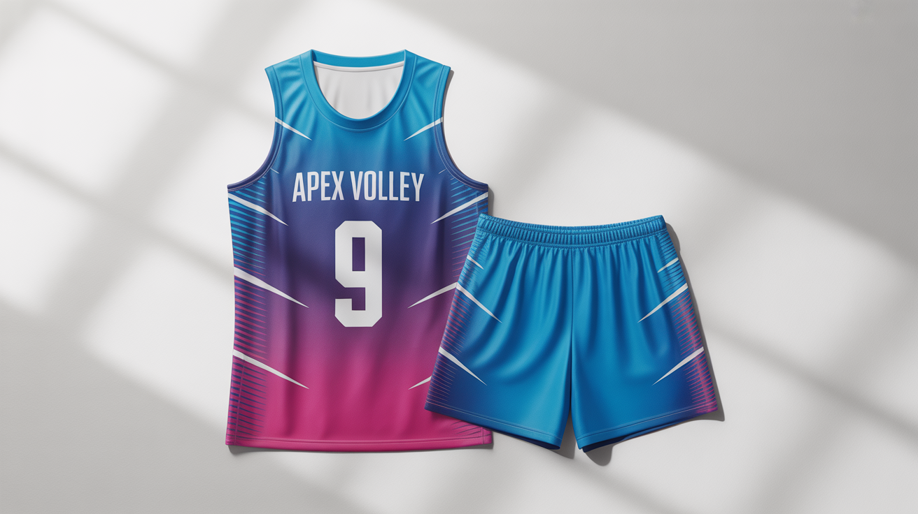 A flat lay mockup of a modern volleyball uniform design on a white background. The blue and magenta jersey features the team name 'Apex Volley' and the number '9', laid next to matching blue shorts.