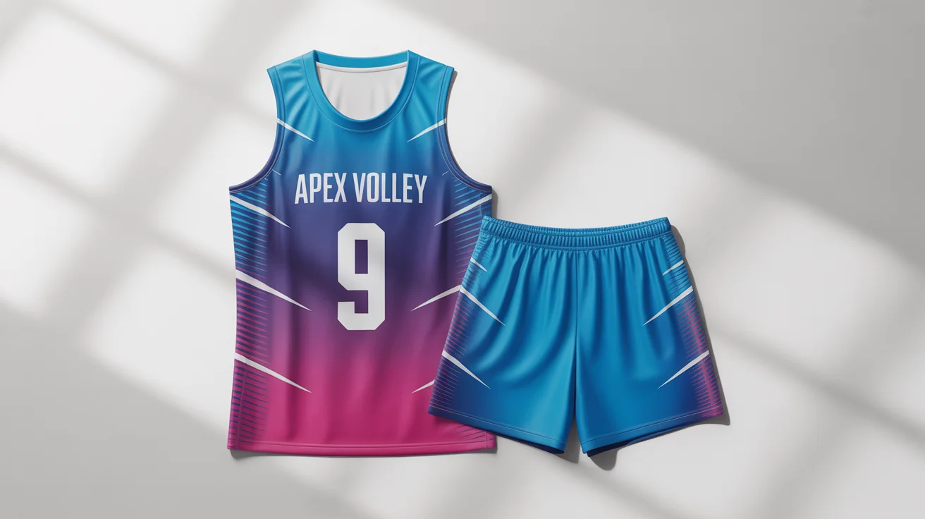 A flat lay mockup of a modern volleyball uniform design on a white background. The blue and magenta jersey features the team name 'Apex Volley' and the number '9', laid next to matching blue shorts.