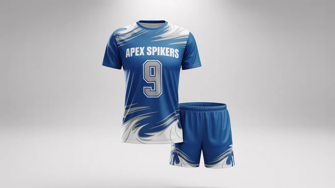 A flat lay mockup of a modern volleyball uniform on a white background. The royal blue jersey and shorts feature white and silver wave accents, with the team name 'Apex Spikers' and the number '9' on the chest.