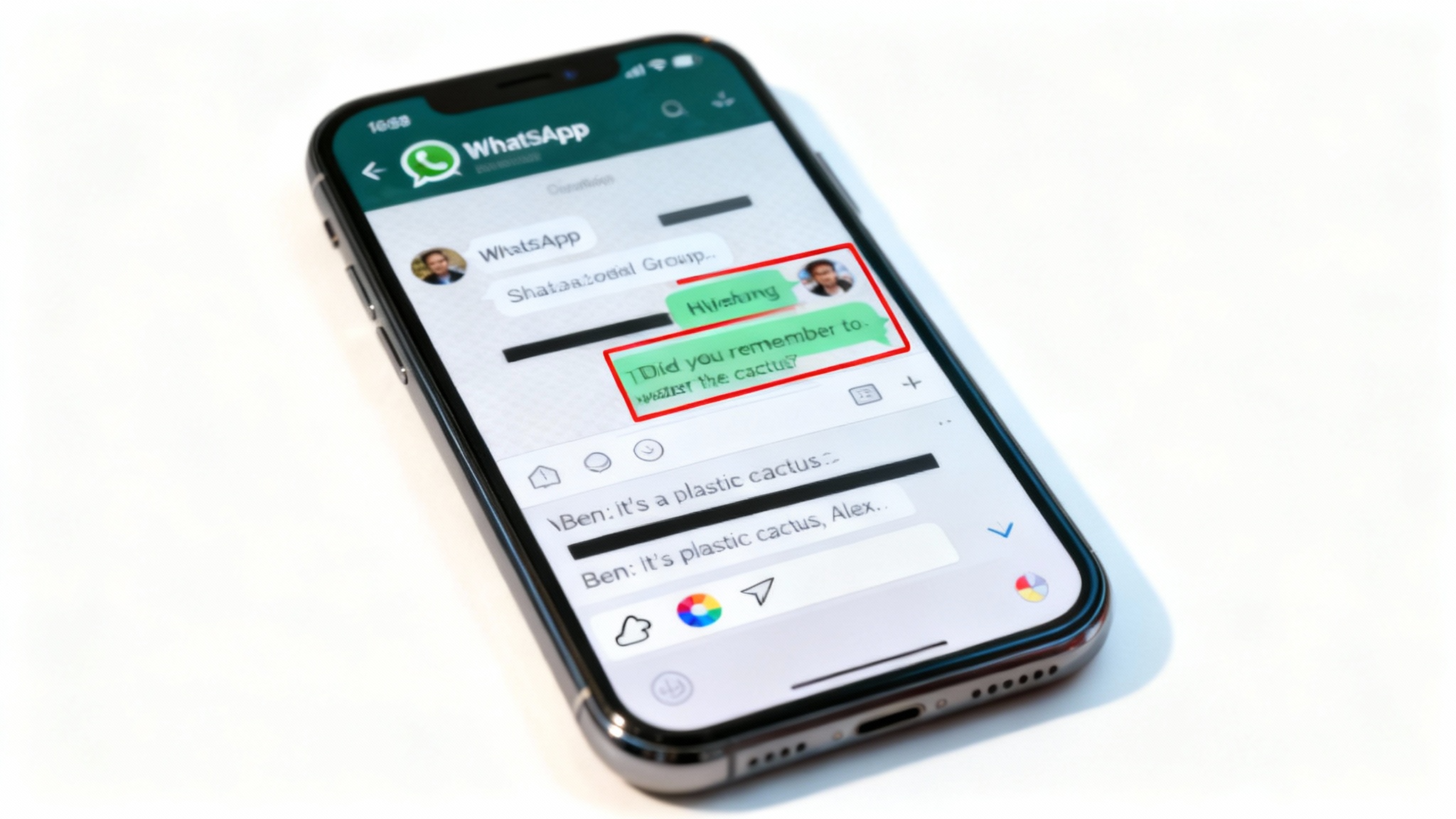 A smartphone displaying a professionally edited WhatsApp screenshot on a clean background. One funny message is highlighted in red, while other personal information is neatly blurred out, showing the final result of an editor tool.