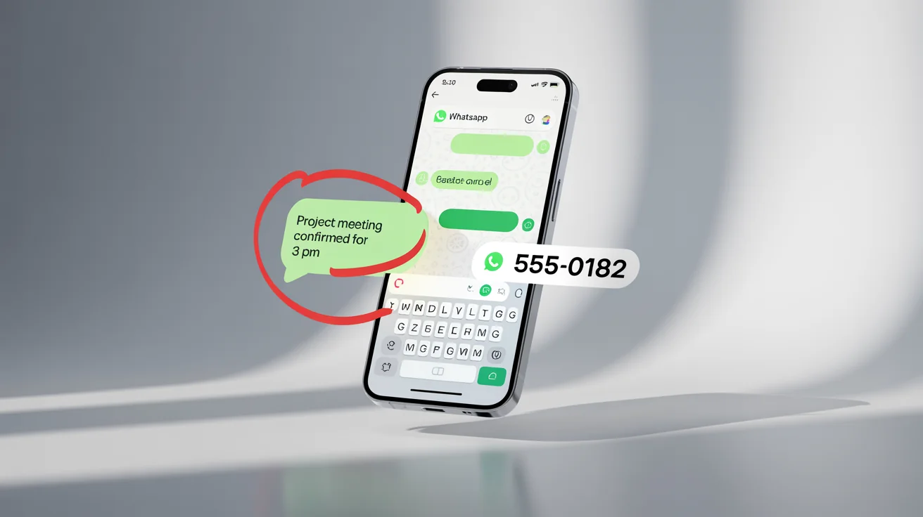 A smartphone mockup showing an edited WhatsApp screenshot. A message about a meeting is circled in red, and a phone number is pixelated for privacy, all on a clean white background.