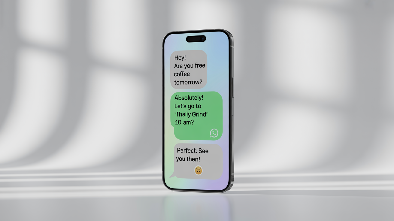 A modern smartphone displaying a perfectly arranged, fictional WhatsApp conversation about making plans for coffee, set against a clean white background.