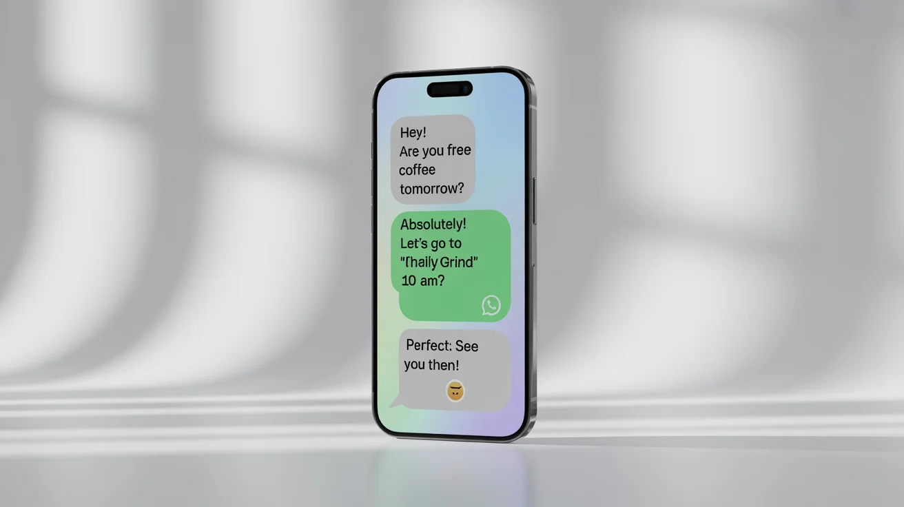 A modern smartphone displaying a perfectly arranged, fictional WhatsApp conversation about making plans for coffee, set against a clean white background.