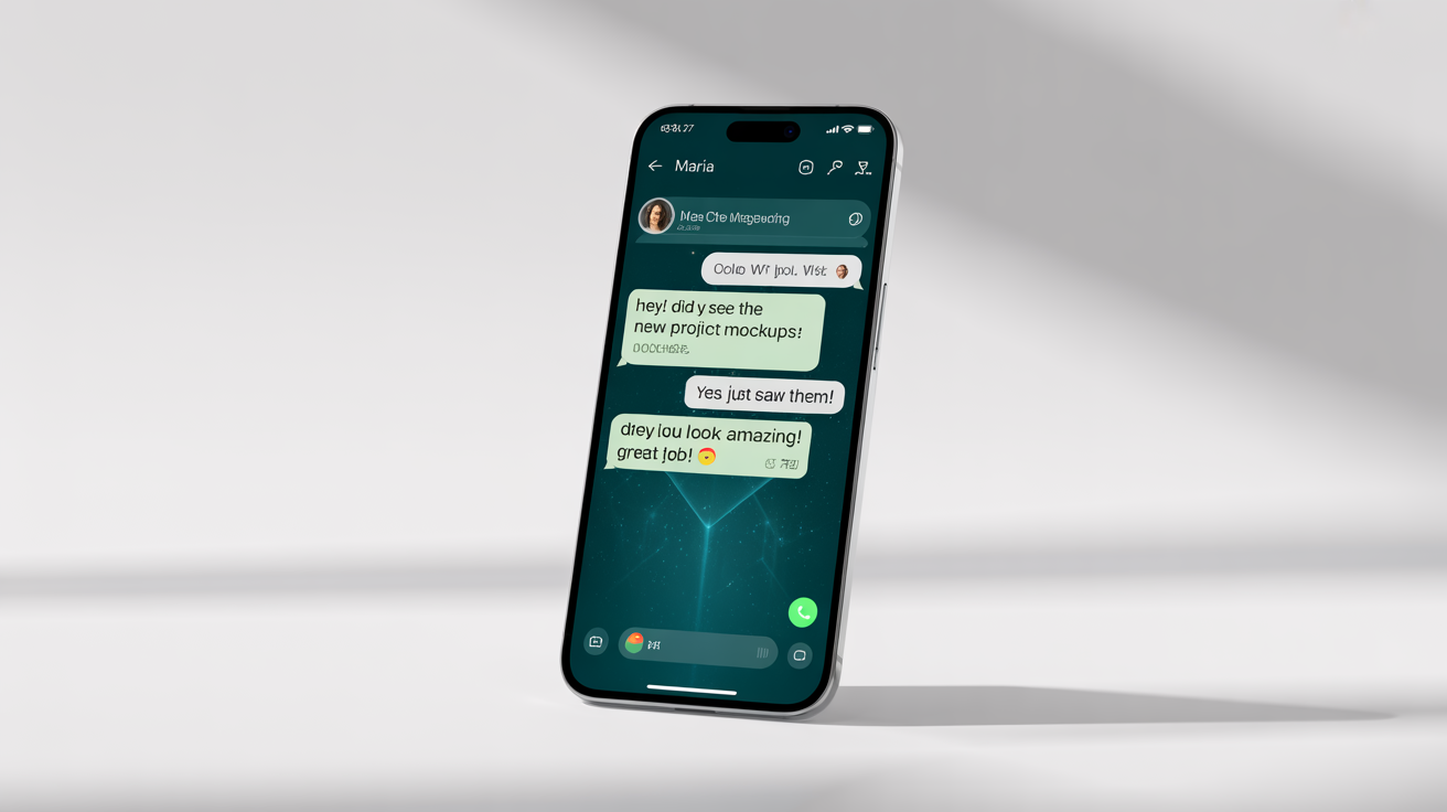 A smartphone mockup displaying a fake WhatsApp conversation about positive feedback on project mockups, set against a plain white background to represent a WhatsApp screenshot editor.