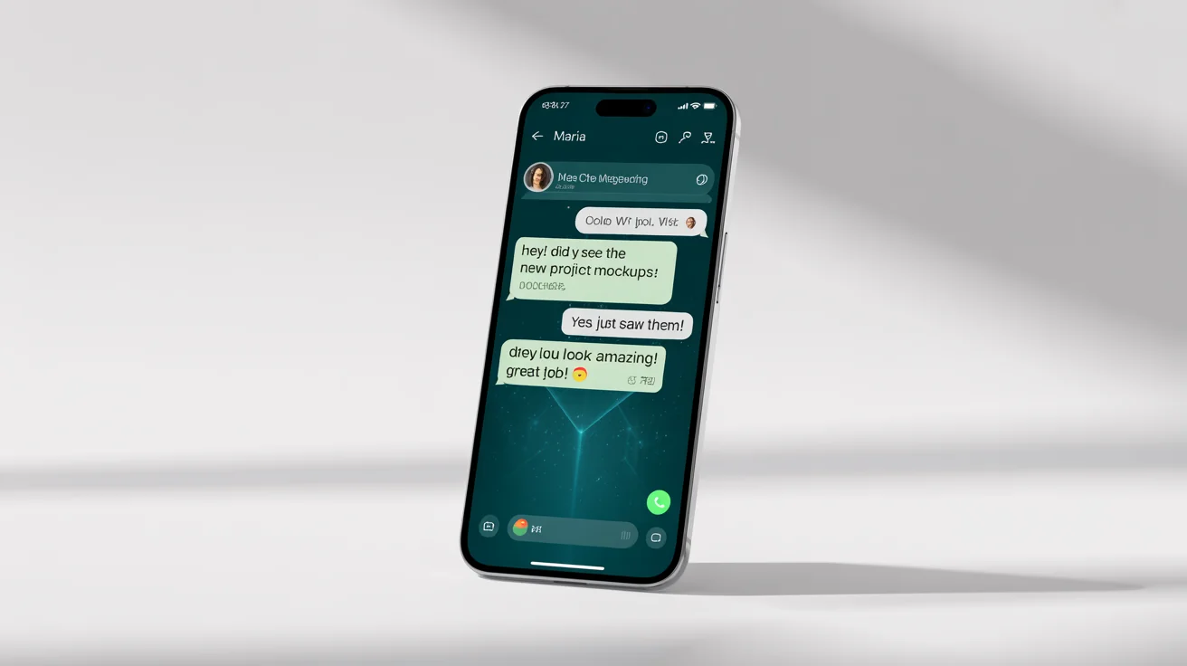A smartphone mockup displaying a fake WhatsApp conversation about positive feedback on project mockups, set against a plain white background to represent a WhatsApp screenshot editor.