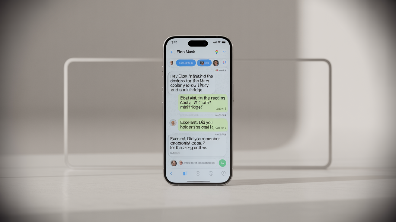 A mockup of a smartphone on a white background displaying a humorous, fake WhatsApp conversation with a contact named 'Elon Musk' about designing pods for a Mars colony.